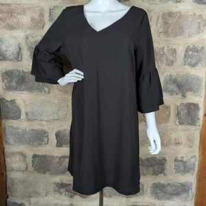 Belongsci Black Fully‎ Lined Crepe Hidden Zip V Neck Ruffle Bell Sleeve Dress